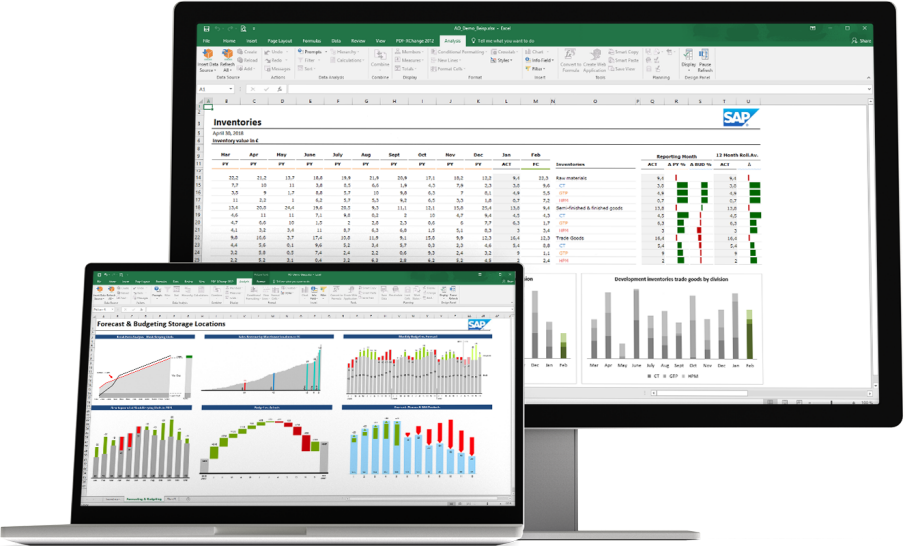 Dashboard screenshots on a monitor and laptop of SAP BusinessObjects